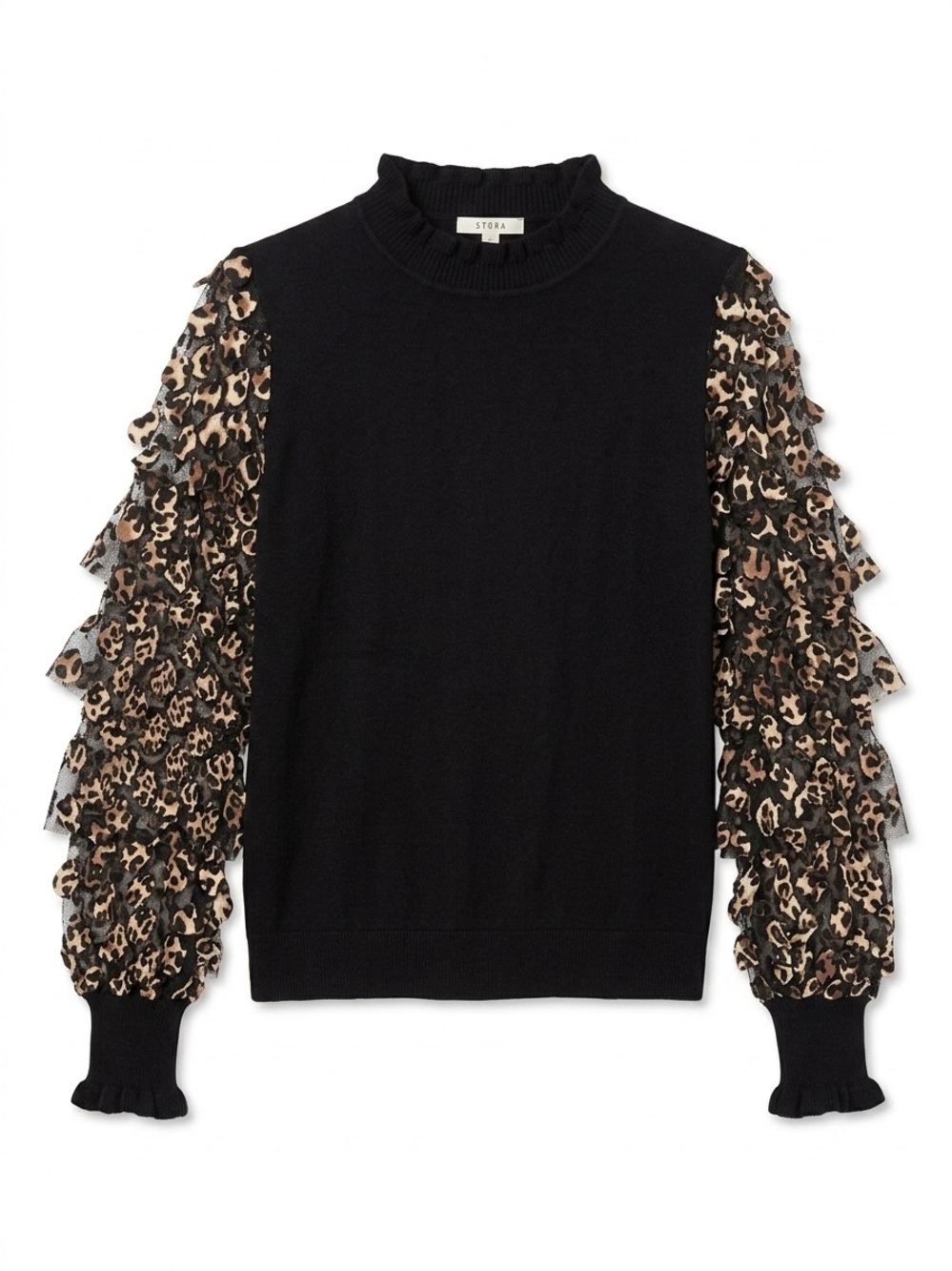 STORA Black Sweater with Leopard Ruffle Sleeves